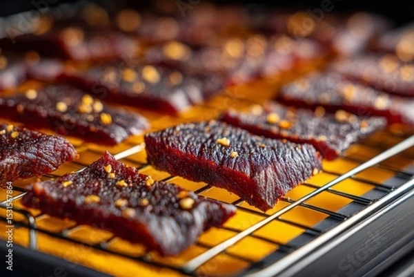 Fototapeta Arrangement of Beef Jerky Pieces on a Wire Rack with Yellow Background