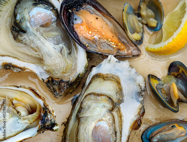 Fototapeta Several open oysters, mussels and small sea clams in a plate, seafood background, top view. Assortment of freshly caught of sea molluscs in an oyster farm in Southern France coastal cafe.