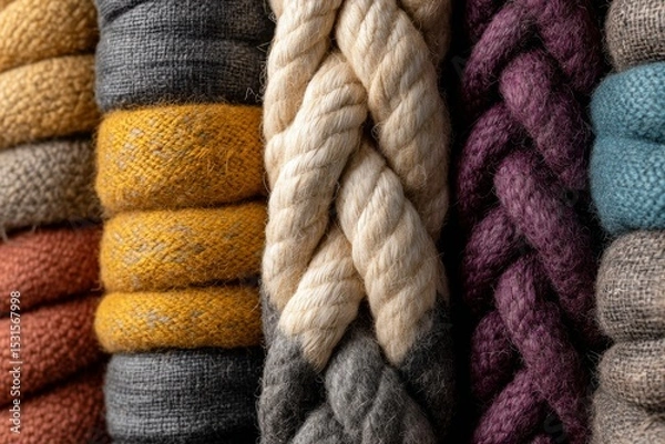 Fototapeta Pile of Textured Woven Cloth Rolls Next to Braided Ropes Close Up