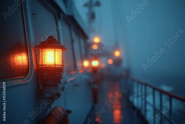 Fototapeta Illuminated Lantern on Boat Deck at Night Emitting Glow