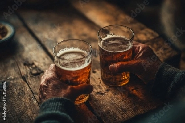 Fototapeta Enjoying a Beer: Two Glasses Held on a Rustic Wooden Tabletop