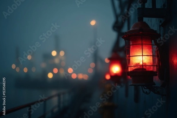 Fototapeta Red Navigation Light Illuminating a Vessel in a Dense Fog at Night