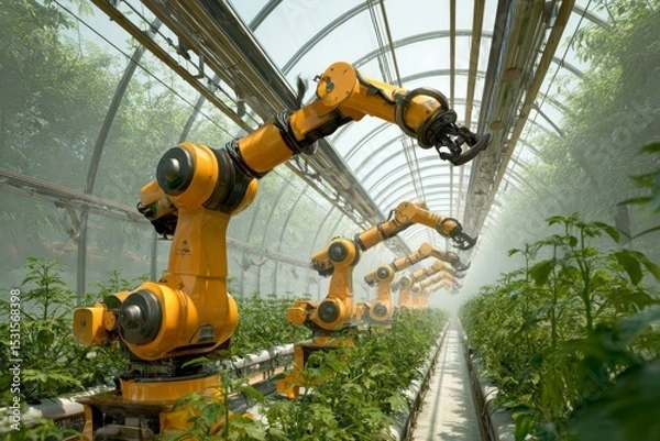 Fototapeta Robotic Arms Farming in Greenhouse Automated Agriculture System