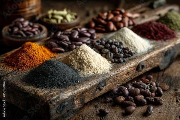 Fototapeta Assorted Food Ingredients on Rustic Board Displaying Diverse Textures and Colors