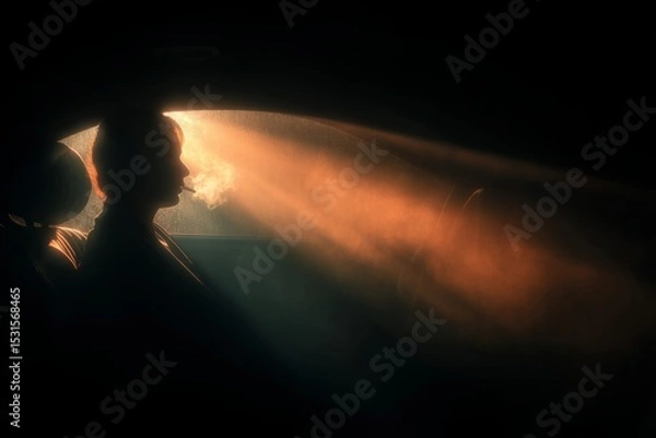 Fototapeta Silhouette of a person smoking inside a car with visible sun rays