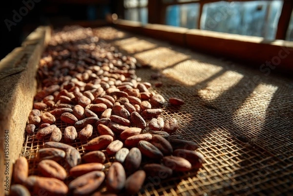 Fototapeta Cocoa Beans Drying on Wire Mesh Rack Inside Traditional Farm Building