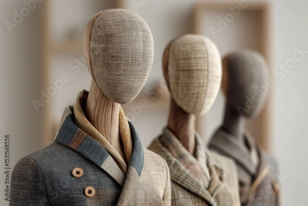 Fototapeta Tailored Suits Displayed on Neutral Fabric-Covered Mannequins in a Showroom