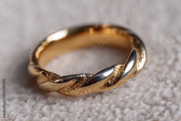 Fototapeta Close-up of a Gold Braided Ring Resting on a Textured Cream-colored Fabric