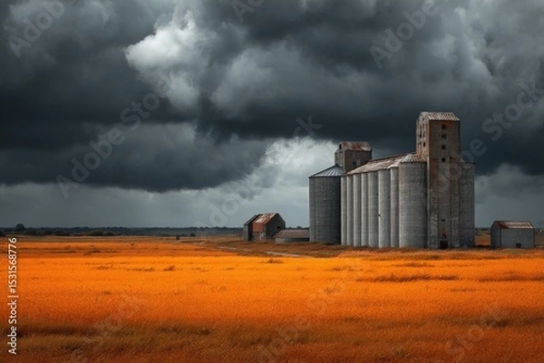 Fototapeta Tall Grain Elevators in Agricultural Field with Dramatic Overcast Sky