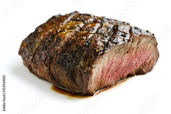 Fototapeta A single piece of cooked steak with visible grill marks on a white background in a studio setting
