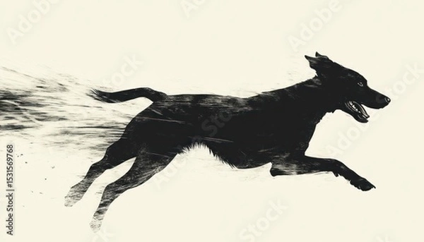 Fototapeta Silhouette of a black dog leaping forward with motion blur effect against a white background art piece