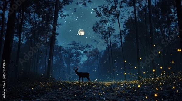 Fototapeta Deer silhouette in a dark forest under a full moon with fireflies illuminating the forest floor