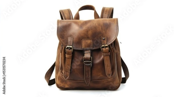 Fototapeta A front view of a brown leather backpack with straps and buckles on a white background in studio lighting