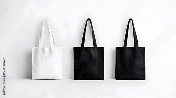Fototapeta Three tote bags standing side by side in a row with a white background in a studio setting light
