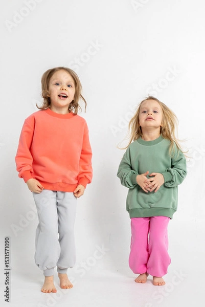 Obraz Two funny cute girls playing and having fun. Children with smiles and funny emotions on a light background. Vertical photo. High quality photo