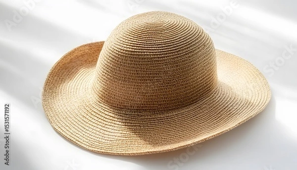 Fototapeta Close up of a straw hat with a wide brim sitting on a white surface with light and shadow patterns