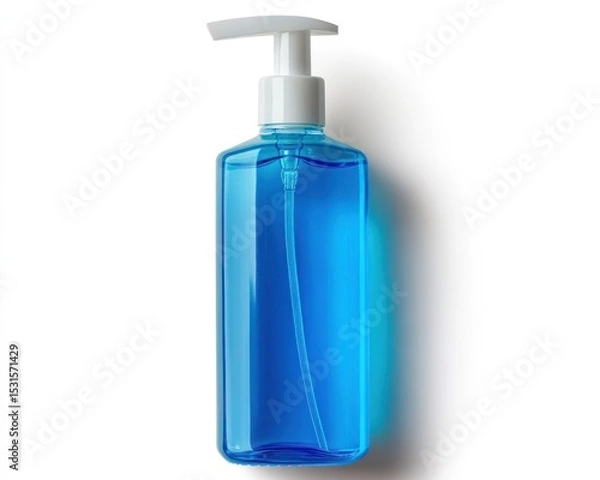 Fototapeta A clear blue liquid soap dispenser with a white pump on a white background in a studio setting view