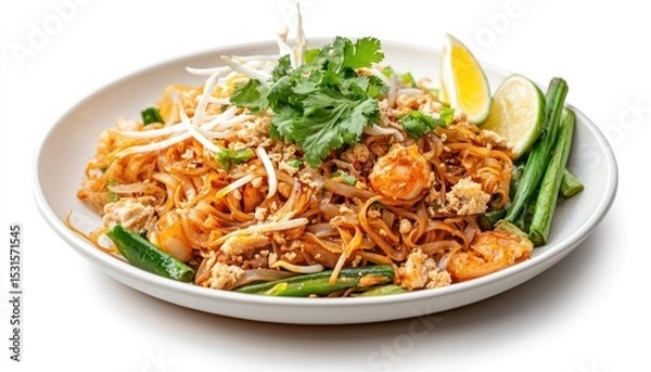 Fototapeta A plate of pad thai with shrimp, bean sprouts, cilantro, lime, and green beans on a white background
