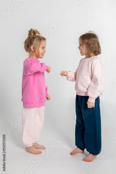 Obraz Two funny cute girls playing and having fun. Children with smiles and funny emotions on a light background. Vertical photo. High quality photo