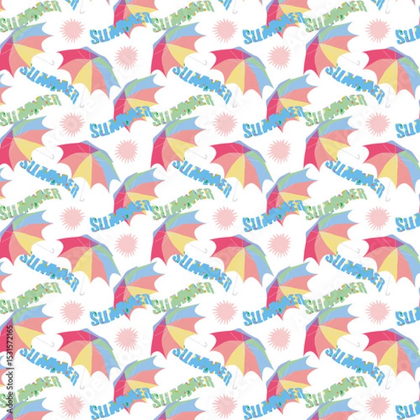 Fototapeta Seamless pattern with multi-colored umbrella, sun and inscription - summer.eps