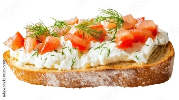 Fototapeta Close up of a slice of bread topped with white cheese tomatoes and dill on a white background space