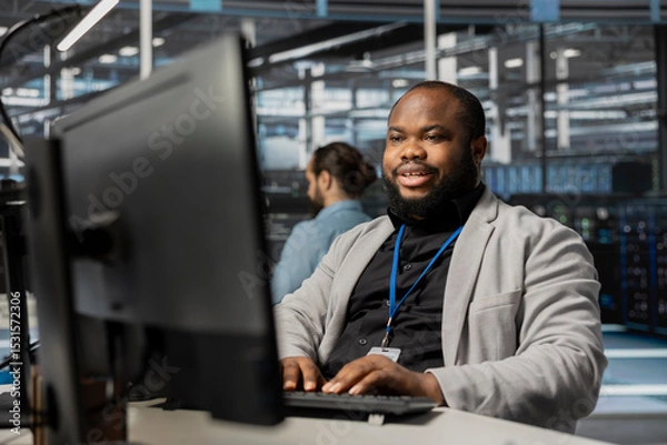 Obraz Cheerful data center employee working to update rackmounts software, configuring network virtualization. Upbeat african american man in server room verifying mainframes settings