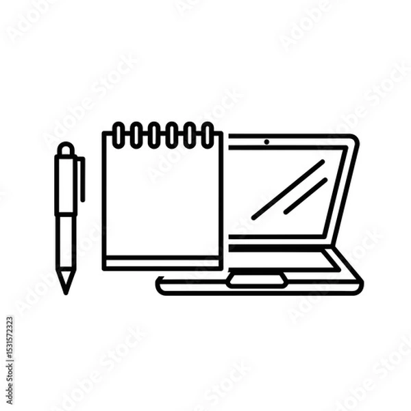 Fototapeta Remote work tools icon featuring a laptop, notebook, and pen