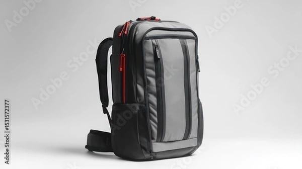 Fototapeta Studio shot of a gray and black backpack with red accents against a white background in even lighting
