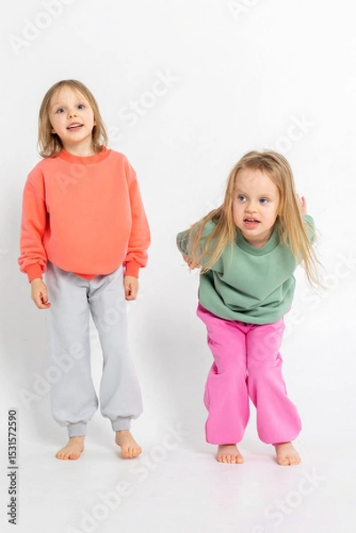 Obraz Two funny cute girls playing and having fun. Children with smiles and funny emotions on a light background. Vertical photo. High quality photo