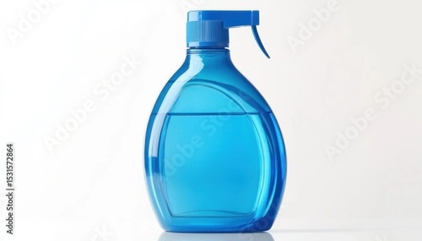 Fototapeta A blue spray bottle filled with clear liquid against a white background in a studio setting view