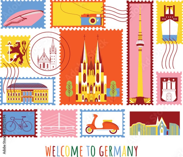 Obraz Welcome to Germany branding technology concept. Collection of flat vector web icons. Post stamp culture travel set, famous architectures, specialties detailed silhouette. European famous landmark