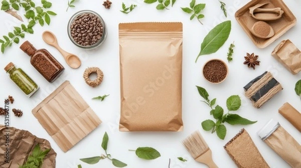 Fototapeta Aerial view of brown paper bag surrounded by bottles and leaves on a white background surface layout