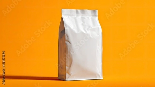 Fototapeta A white unbranded bag sealed at the top stands on a bright orange surface casting a shadow