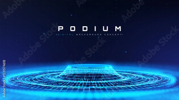 Fototapeta Blue empty podium on dark background with soft neon effect and bokeh decoration. Futuristic technology scene design concept. Data transmission. Vector illustration.