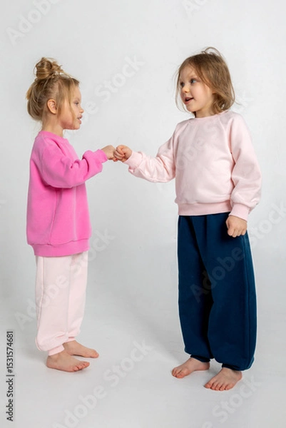 Obraz Two funny cute girls playing and having fun. Children with smiles and funny emotions on a light background. Vertical photo. High quality photo