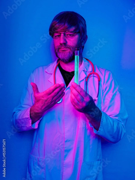 Fototapeta A man in a white lab coat with a stethoscope around his neck holding glass tube with blue glowing liquid medicine. Red and blue color. Doctor working in a lab on new secret drugs
