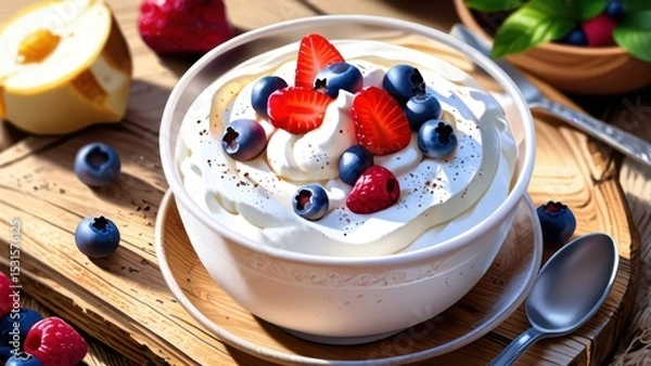 Fototapeta Anime Style Macro of Creamy Icelandic Skyr Yogurt with Strawberries and Blueberries

