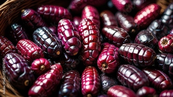 Fototapeta Close-Up of Deep Violet Peruvian Corn with Glossy Purple Surface

