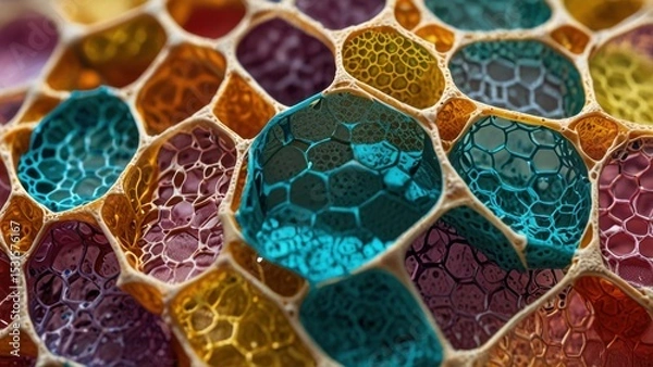 Fototapeta Transparent Medical Scaffold with Jewel Tone Color-Infused Cellular Nodes, Macro

