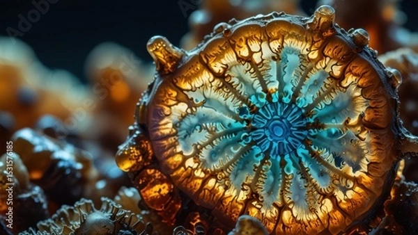 Fototapeta Conceptual Preservation of Bacterial Life in Amber-like Resin, Science Macro Background