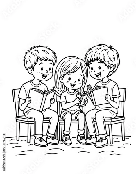Obraz Three children reading books together in classroom setting - Back to School coloring page for kids 5 - 8 years old  