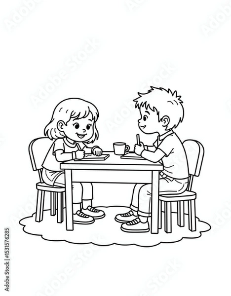 Obraz Two children coloring at a table during learning activities for kids  