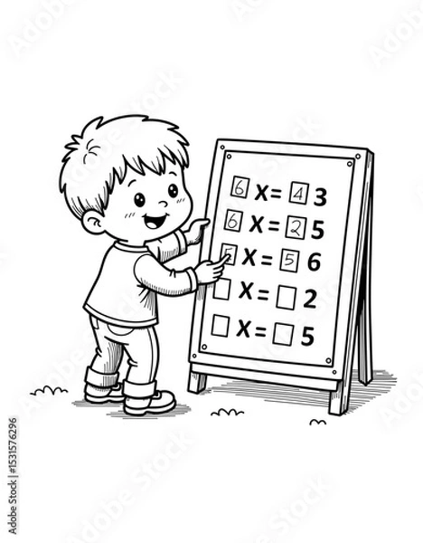 Obraz Young boy checking multiplication table on chalkboard outdoors - Concept of Back to School - coloring page for kids 5 - 8 years old  