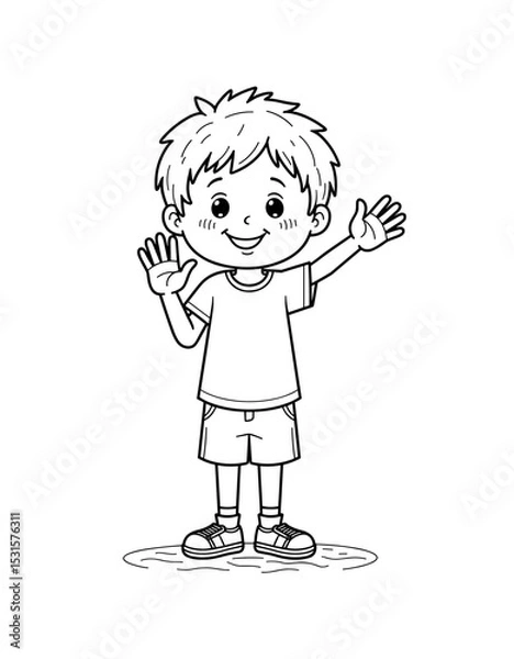 Obraz Cheerful boy counting on fingers and waving in a coloring page for kids 5 - 8 years old  