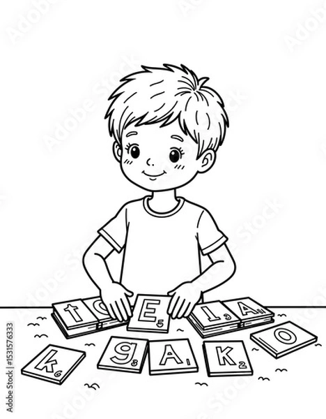 Obraz Young boy sorting letter cards while smiling for learning activities  