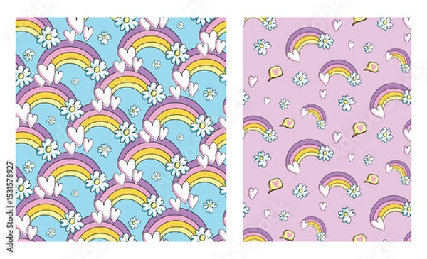 Obraz Vector set of two seamless patterns with rainbows, hearts, daisies, and ice cream in playful girly style. One design on blue background, the other on pink. Print for kids, textile, or wrapping paper