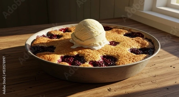 Fototapeta Delicious homemade dessert with golden brown cake topped with creamy vanilla ice cream and fresh berries in natural light setting