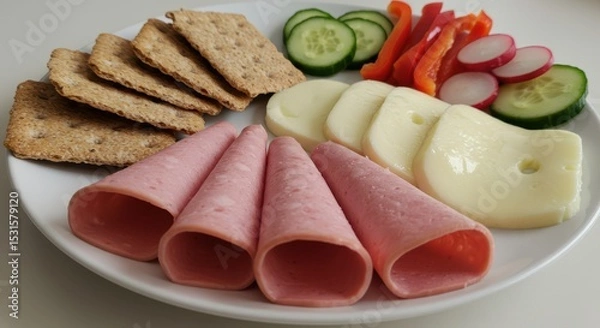 Fototapeta Delicious platter of cold cuts and fresh vegetables served on a white plate, featuring sliced ham, cheese, crunchy crackers, and colorful salad items