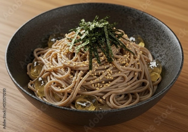 Fototapeta Delicious Soba Noodle Bowl Garnished with Seaweed, Sesame Seeds, and Jelly on Wooden Table