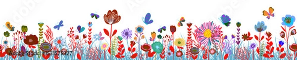 Obraz Horizontal abstraction seamless banner decorated with blooming flowers and leaves. Spring floral backdrop with butterflies. Flat vector illustration on white background